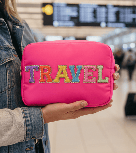 Neon Pink Large “Travel" Pouch - The Happy Tribe
