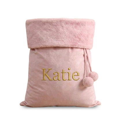 Personalised Embroidered Velvet Christmas Sack with Pompoms - The Happy Tribe