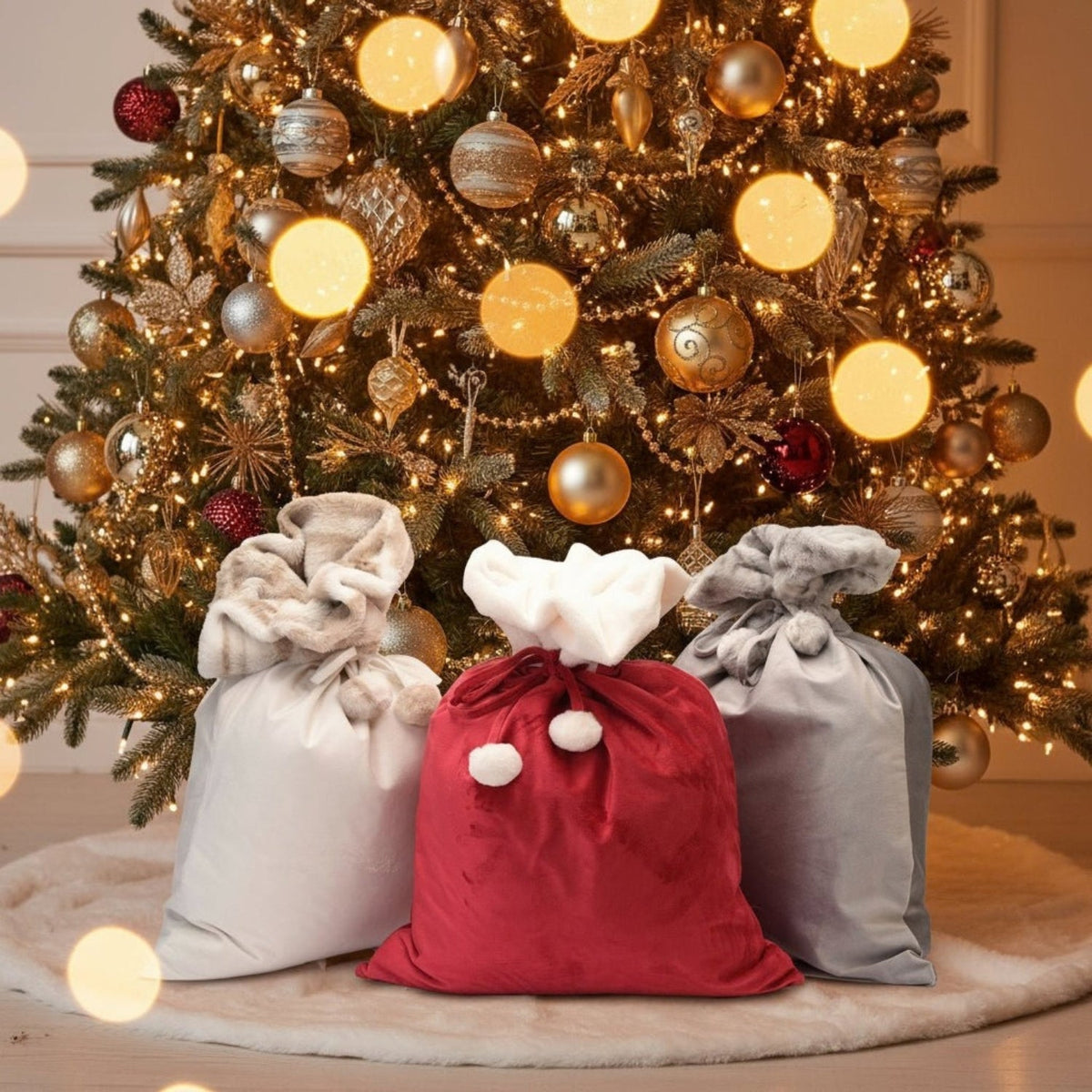 Personalised Embroidered Velvet Christmas Sack with Pompoms - The Happy Tribe