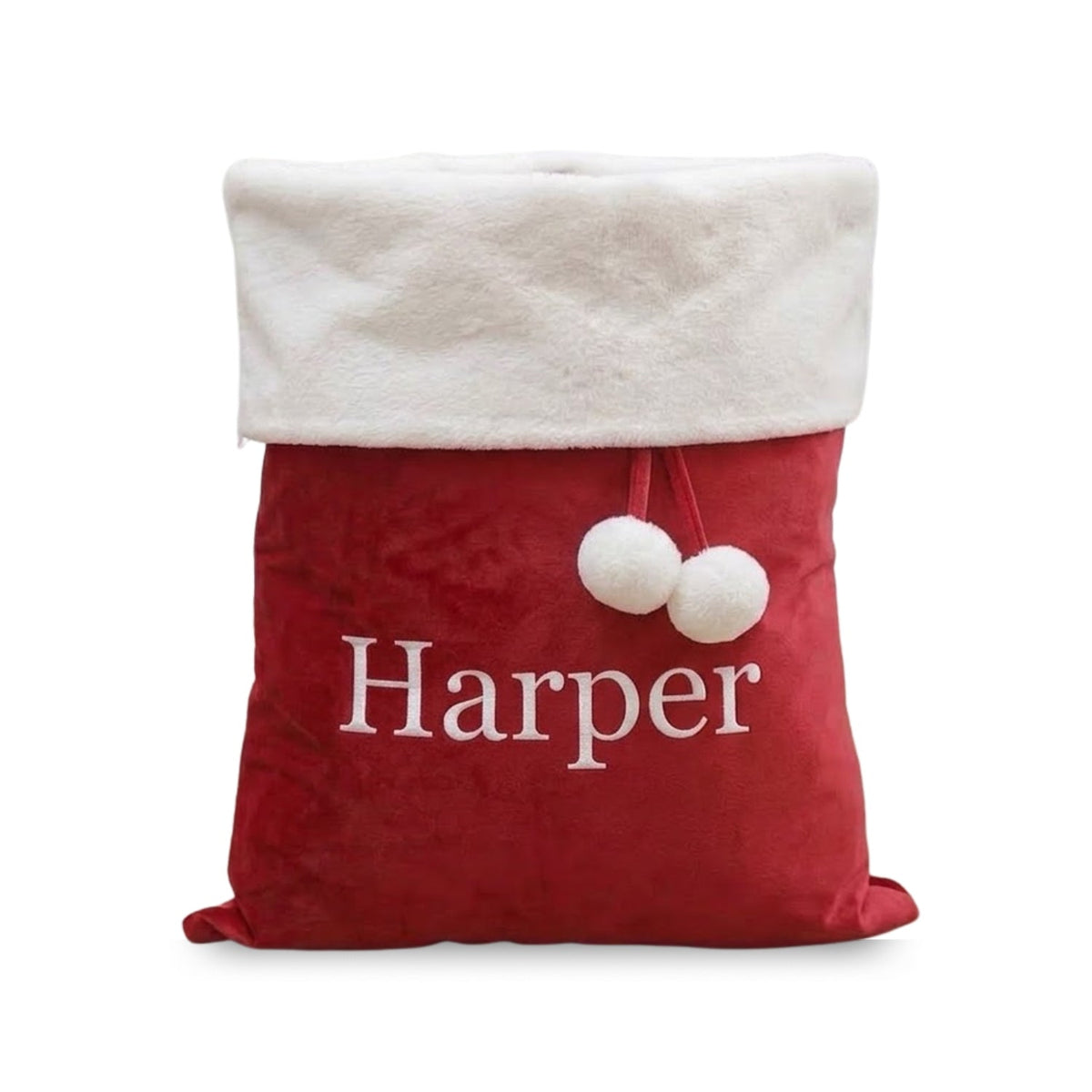 Personalised Embroidered Velvet Christmas Sack with Pompoms - The Happy Tribe