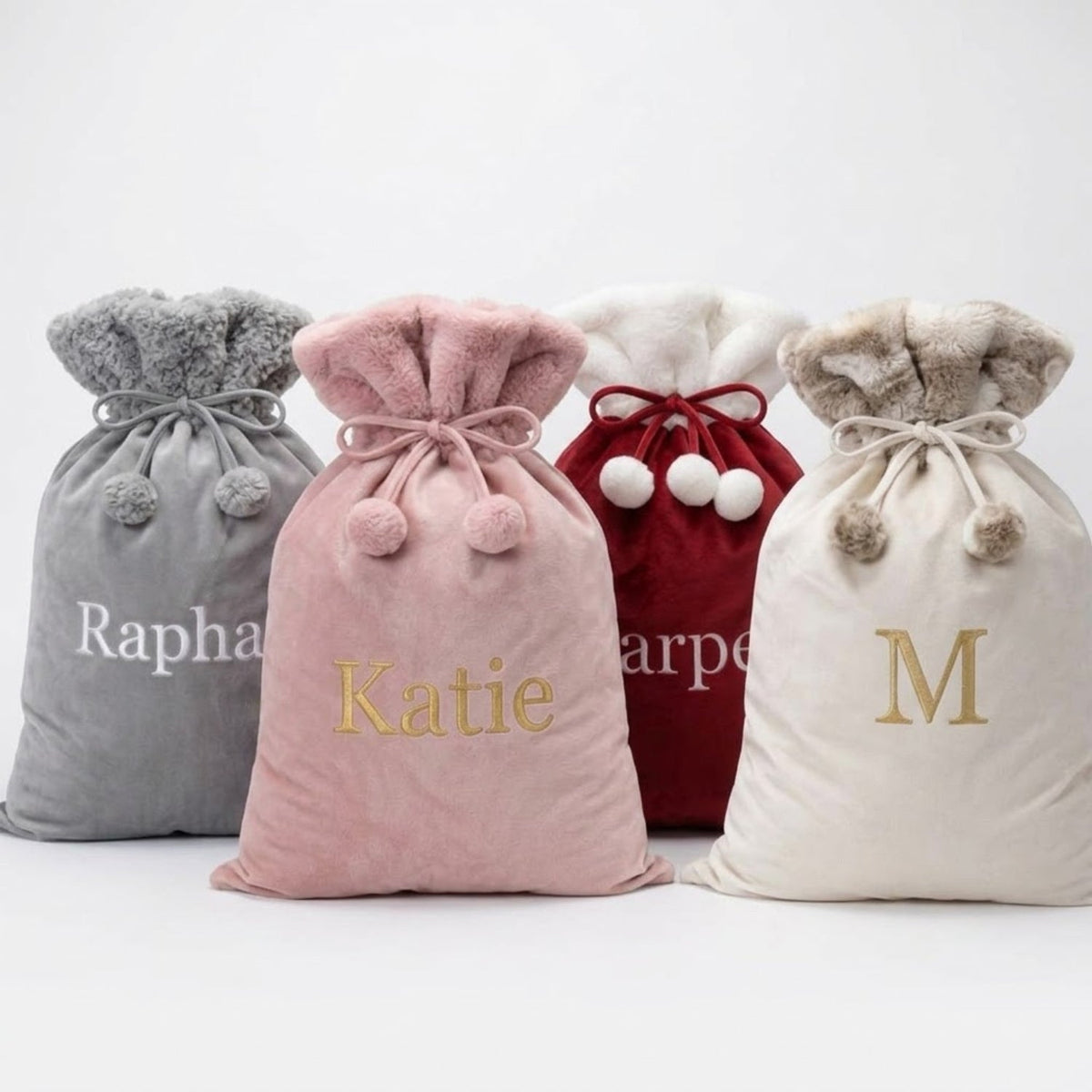 Personalised Embroidered Velvet Christmas Sack with Pompoms - The Happy Tribe