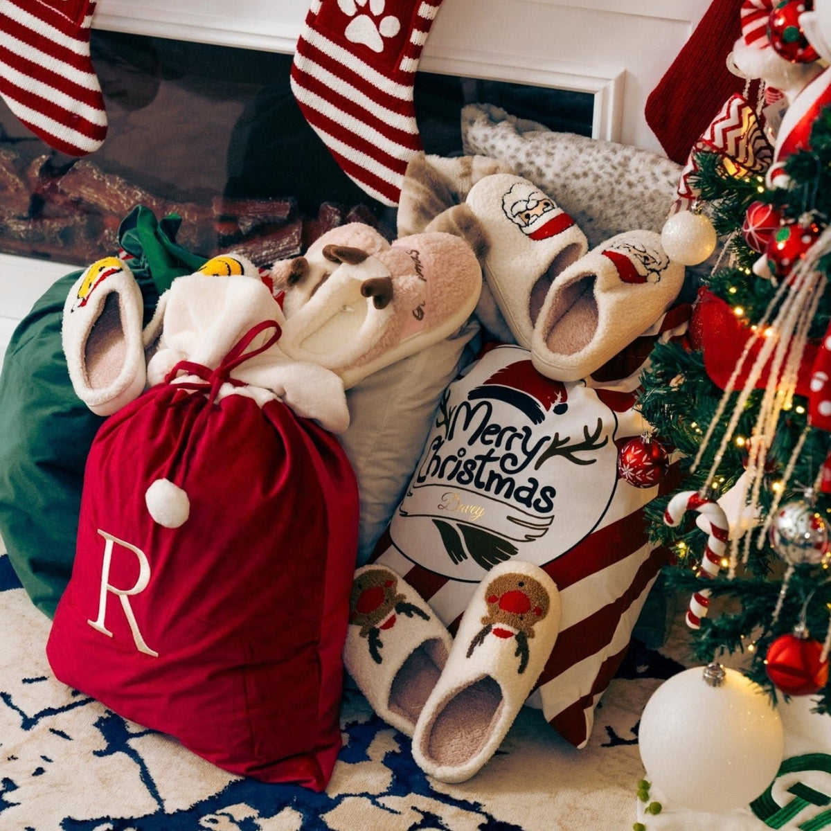 Personalised Embroidered Velvet Christmas Sack with Pompoms - The Happy Tribe