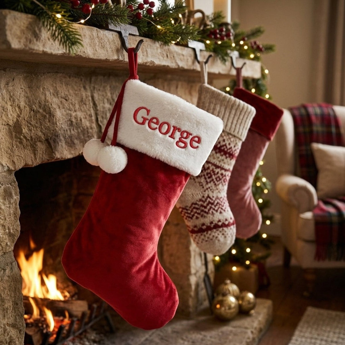 Personalised Velvet Christmas Stocking with Pom-Poms - The Happy Tribe