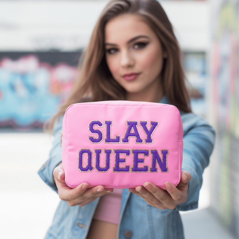 "Slay Queen" Large Pouch, Candy Pink - The Happy Tribe