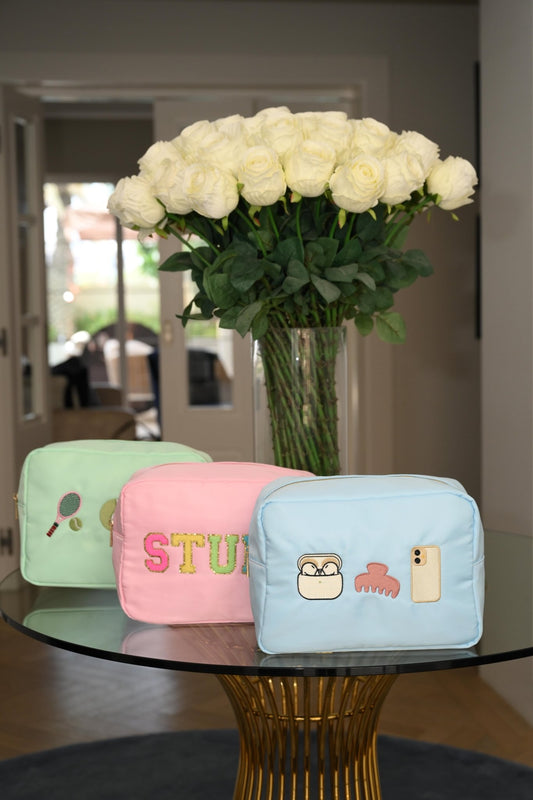 The "Organised Girl" Embroidered Large, Baby Blue Pouch - The Happy Tribe