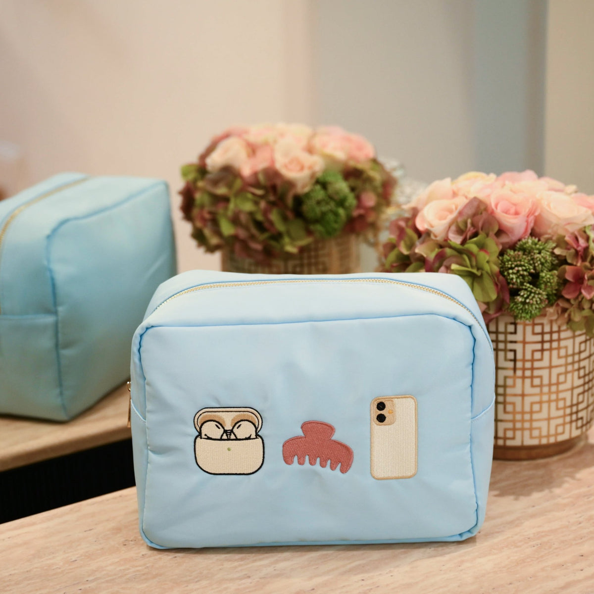 The "Organised Girl" Embroidered Large, Baby Blue Pouch - The Happy Tribe