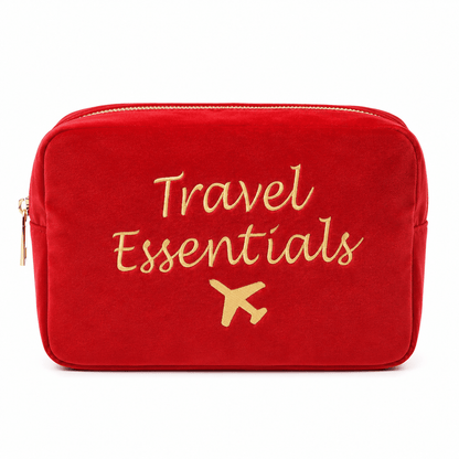 "Travel Essentials" Large Velvet Pouch, Red - The Happy Tribe