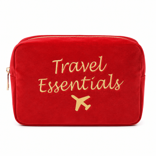 "Travel Essentials" Large Velvet Pouch, Red - The Happy Tribe