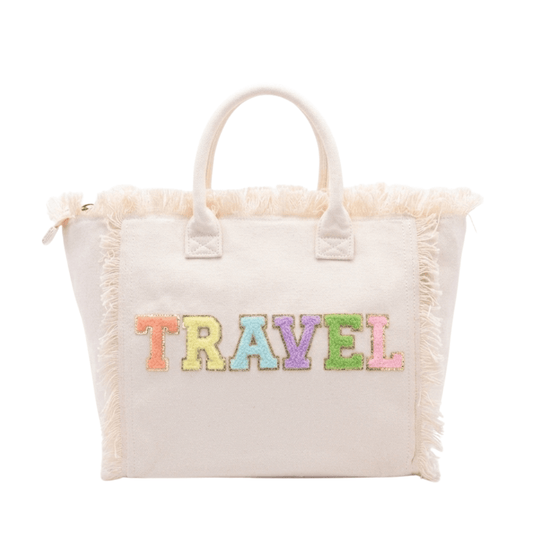 "Travel" Saint Barth Tote Bag, Cream - The Happy Tribe