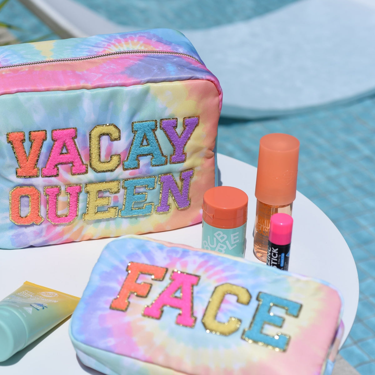 Vacay Queen Tie Dye Bundle, Large Pouch & Face Pouch Set - The Happy Tribe