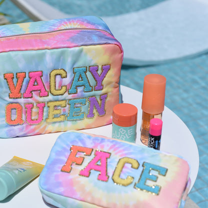 Vacay Queen Tie Dye Bundle, Large Pouch & Face Pouch Set - The Happy Tribe