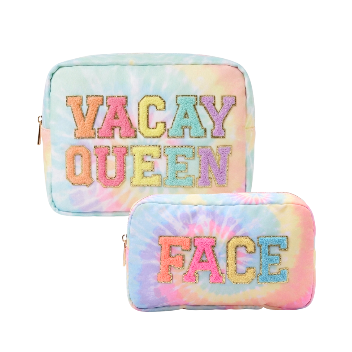 Vacay Queen Tie Dye Bundle, Large Pouch & Face Pouch Set - The Happy Tribe