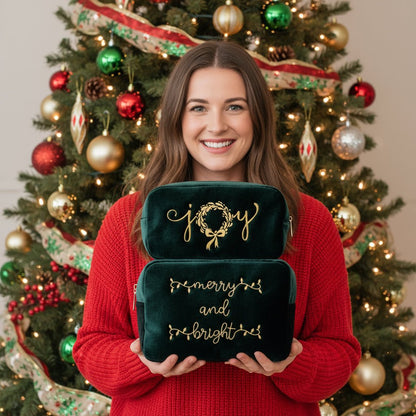 Velvet Christmas Gift Set – “Merry & Bright” + “Joy” (Large + Medium Pouch Bundle) - The Happy Tribe