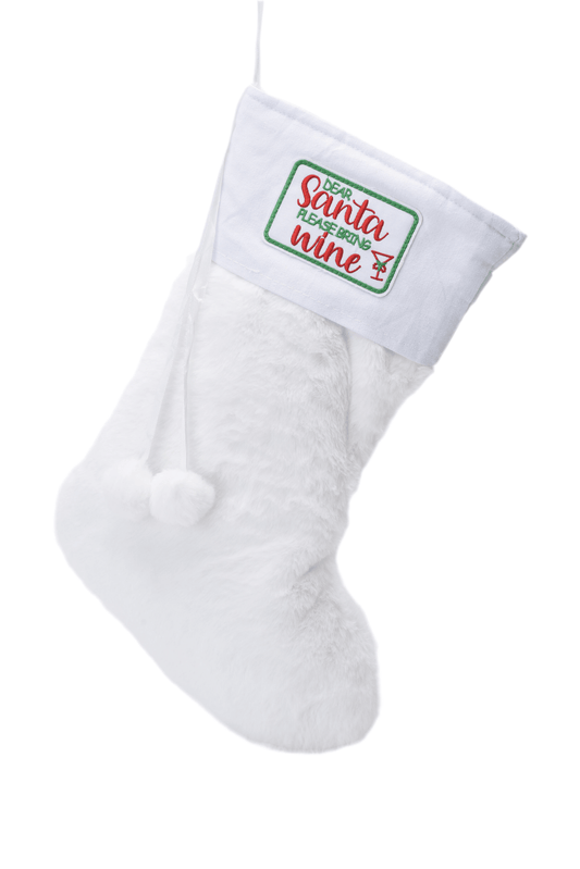 White fur Stocking “ Santa please bring wine “ - The Happy Tribe