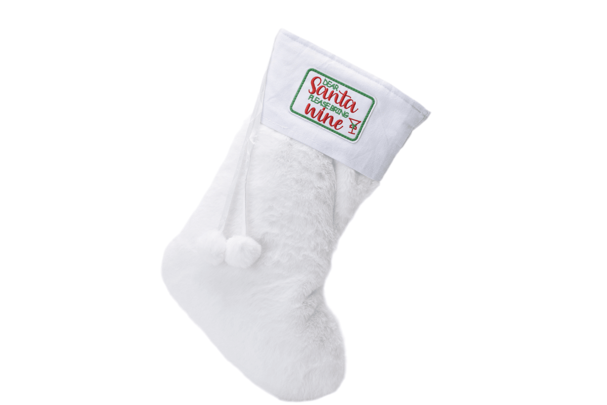 White fur Stocking “ Santa please bring wine “ - The Happy Tribe